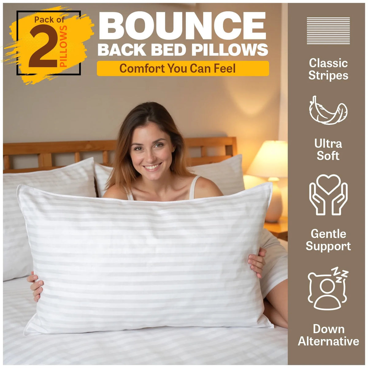 Stripe Pillows Hotel Quality 2 Pack Bed Pillows
