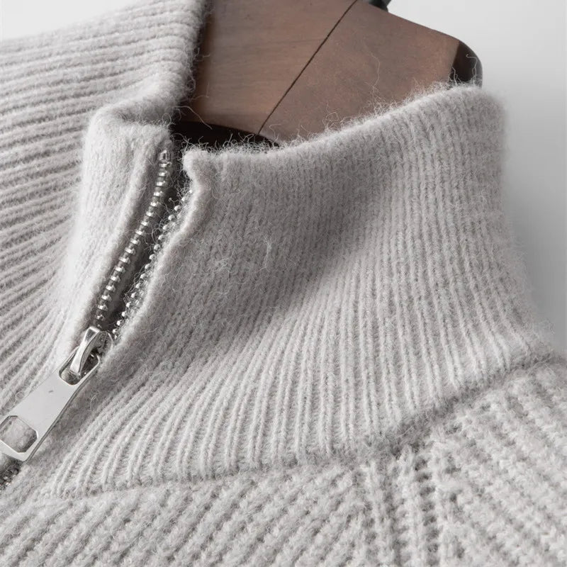 Men's Cashmere Knit Cardigan Half High Collar Zip-up Coat