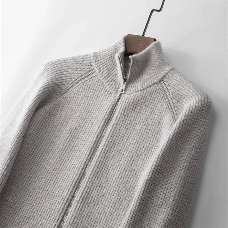 Men's Cashmere Knit Cardigan Half High Collar Zip-up Coat